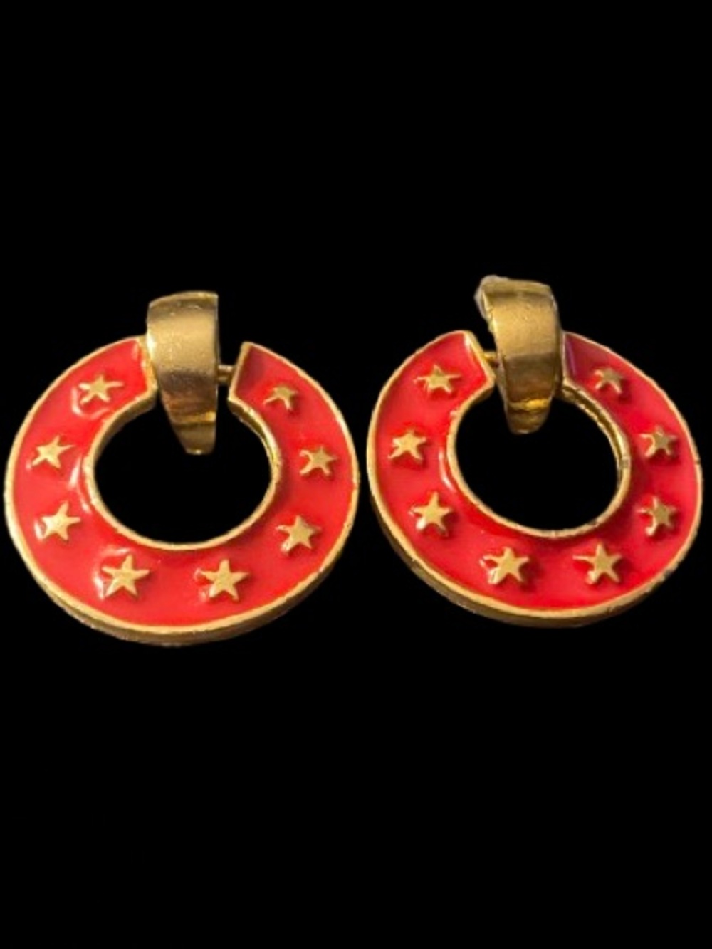 Vintage Style Red Enamel Bullseye Door Knocker Hoop Earrings Gold Tone Stars